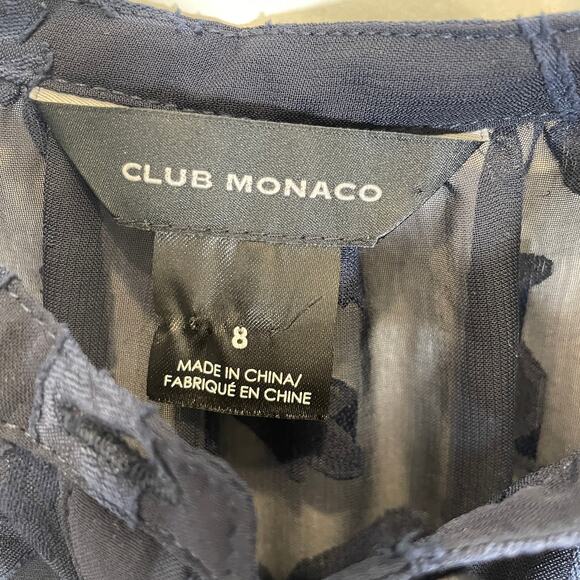 Club Monaco Pleated Jacquard Shirt Dress Navy Blue Midi Sheer Long Sleeve 8 - Picture 5 of 8